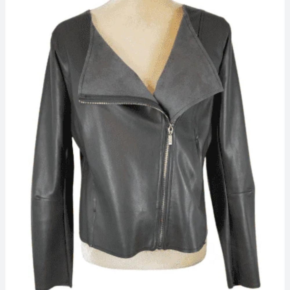 NWT Worthington gray faux leather zip up moto biker jacket sz Large